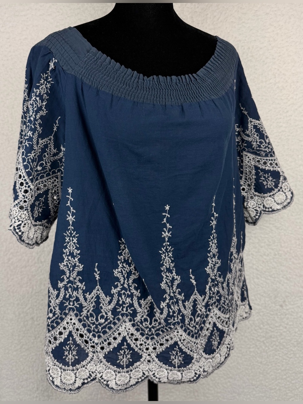Navy Blue/White Embroidered Boho Smocked-Neck Peasant Blouse, M - Picture 8 of 10